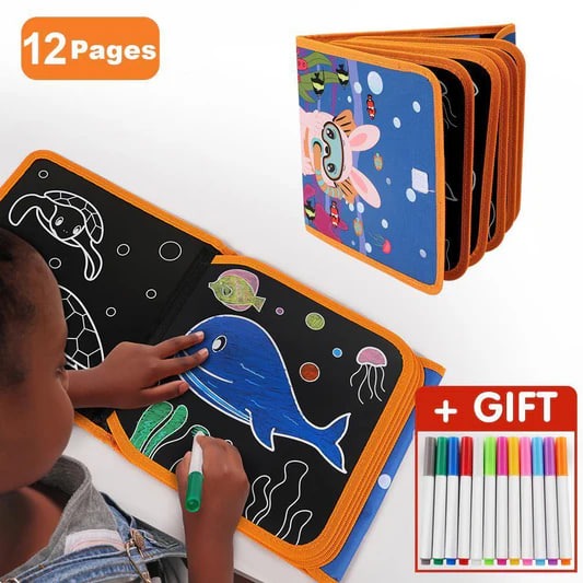 Erasable Doodle Books with 12 Watercolor Pens, Writing Boards, Gifts for Kids & 12, Painting Toy Set for Car Travel, Road Trip, Birthday Gift,14 Pages for Funny Drawing (Doodle Set (Dino))