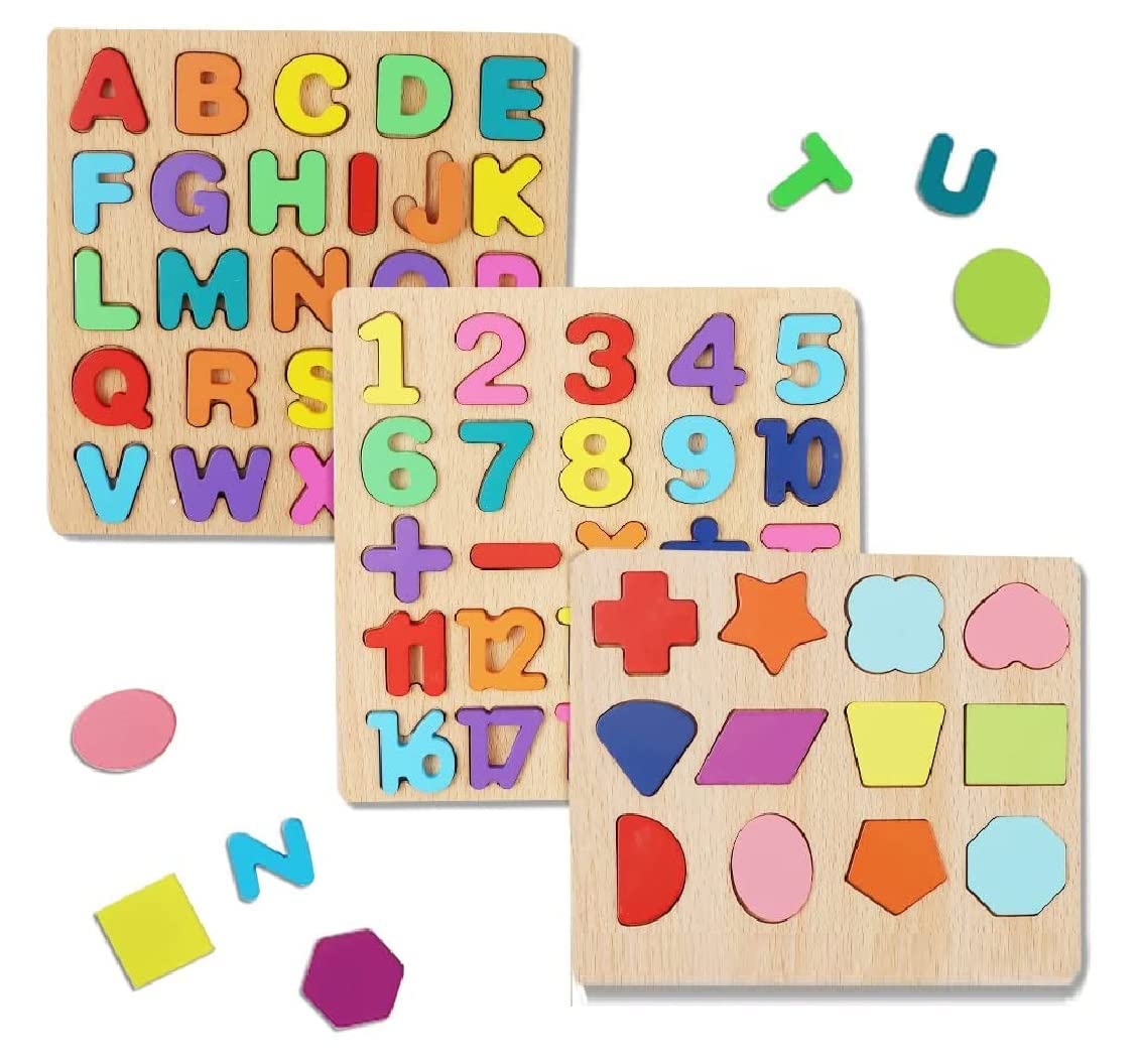 Wooden Learning Educational Game Board for Kids, Puzzle Toys for 2 Years Old Boys & Girls (Alphabets, Numbers & Shapes)
