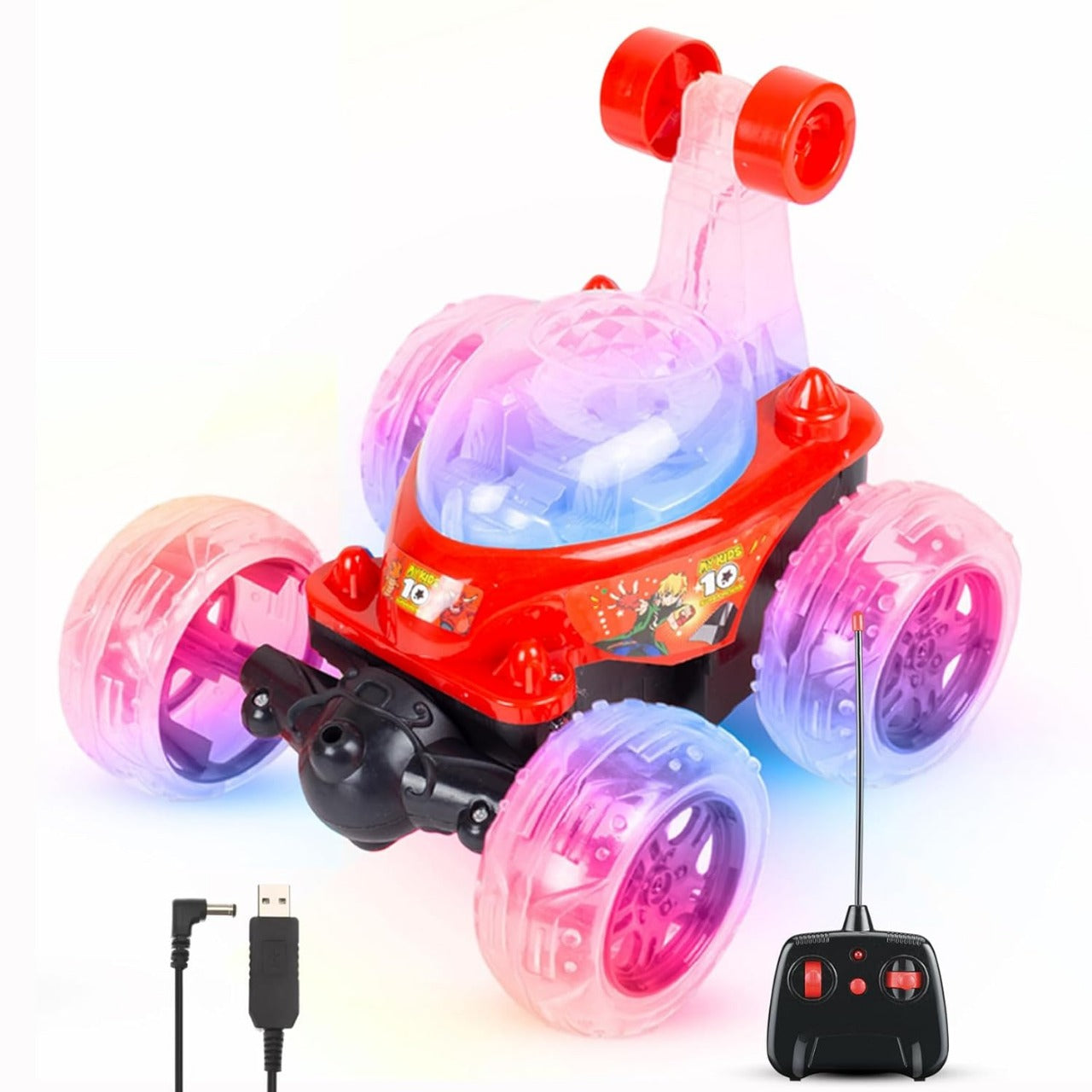 Remote Control 360 Degree Twisting Stunt Red Car| 1:24 Scale Rechargeable Car with Lights| Gifting Car for 4 years + Kids