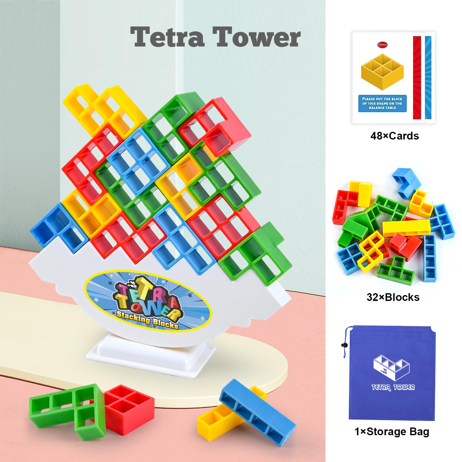 Tetra Balancing Stacking Tower Toys, 32PCS Board Games for Kids & Adults, 2 players Balance Game Team Building Blocks STEM Toy with Storage Bag, Boys Girls Gifts, Perfect for Family, Parties, Travel