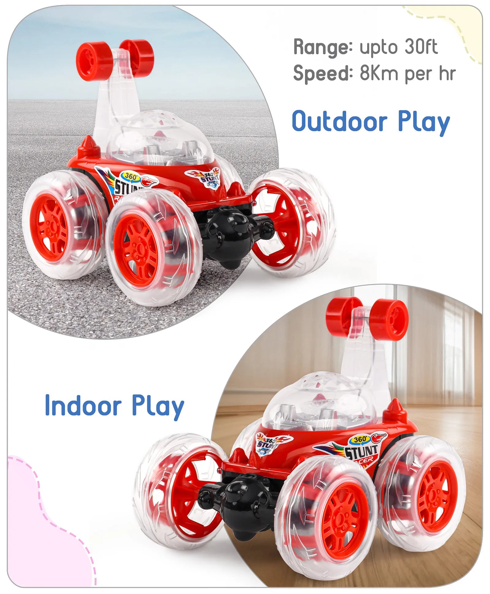 Remote Control 360 Degree Twisting Stunt Red Car| 1:24 Scale Rechargeable Car with Lights| Gifting Car for 4 years + Kids