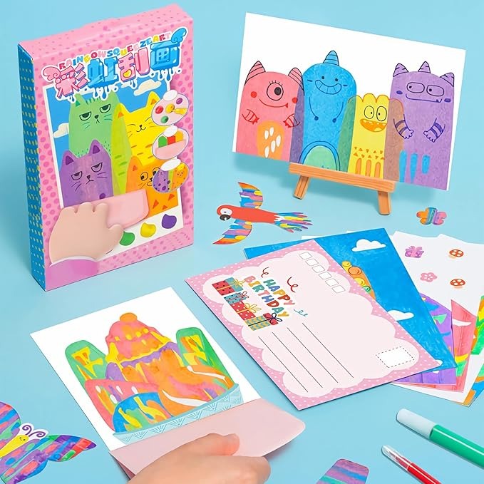 Squeegee Art Kids Paint Kit, 35 Pieces DIY Rainbow Scratch Art, Rainbow Dot Painting Art Kits, Children Painting Crafts Creativity Set (1 Set)