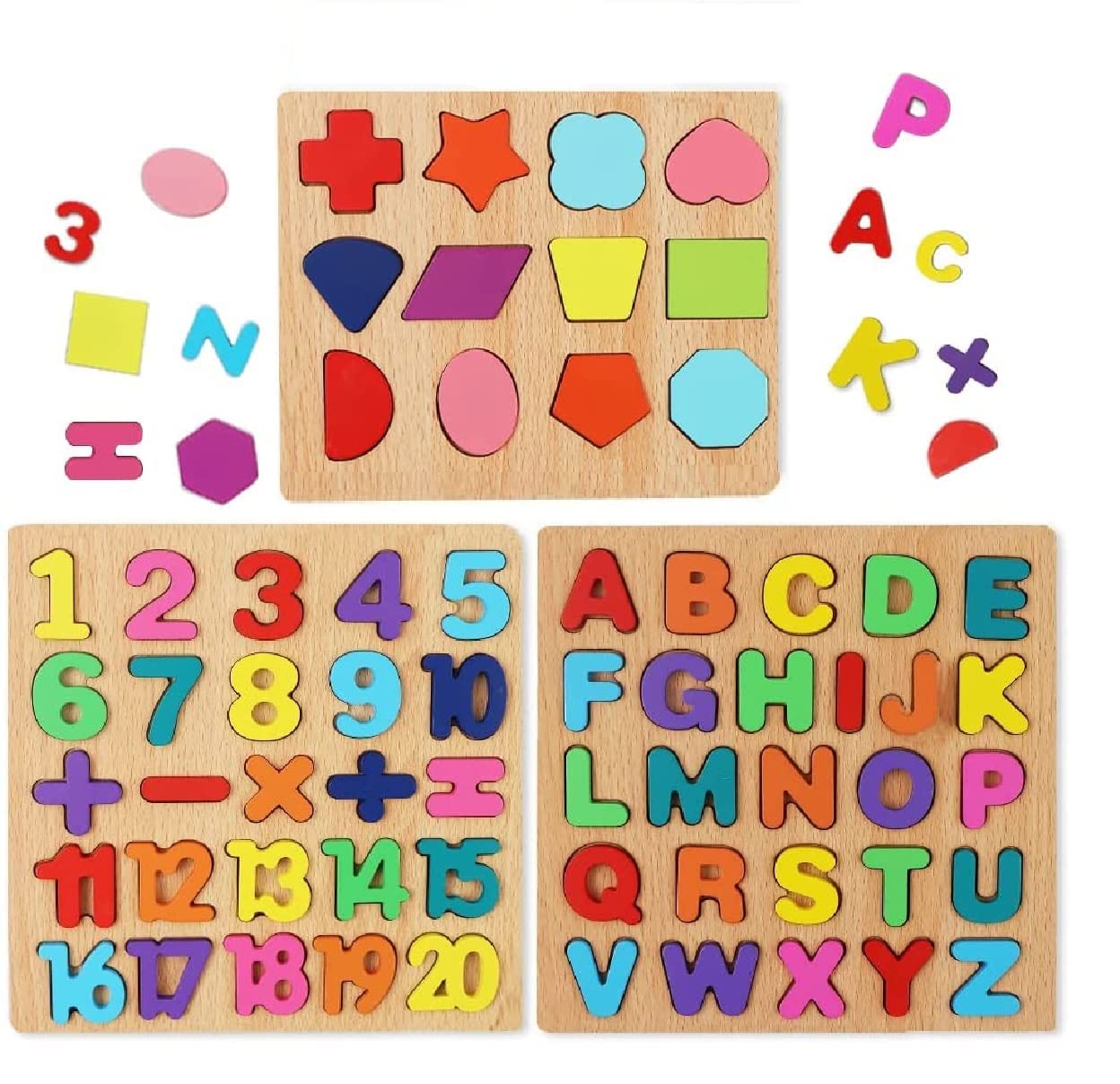 Wooden Learning Educational Game Board for Kids, Puzzle Toys for 2 Years Old Boys & Girls (Alphabets, Numbers & Shapes)