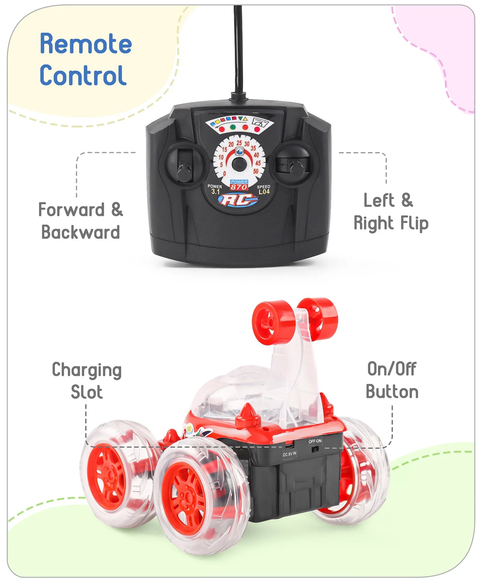 Remote Control 360 Degree Twisting Stunt Red Car| 1:24 Scale Rechargeable Car with Lights| Gifting Car for 4 years + Kids