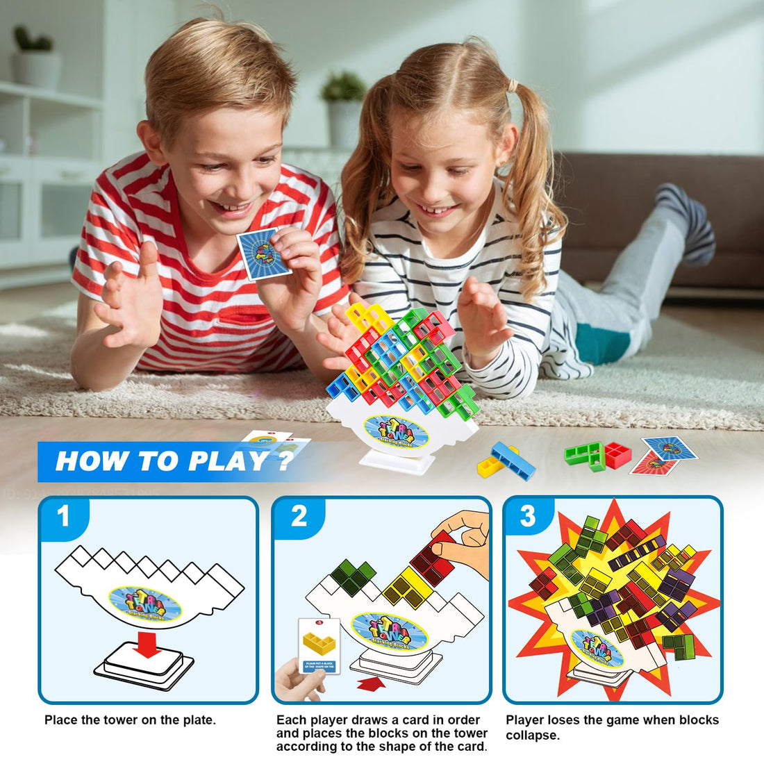 Tetra Balancing Stacking Tower Toys, 32PCS Board Games for Kids & Adults, 2 players Balance Game Team Building Blocks STEM Toy with Storage Bag, Boys Girls Gifts, Perfect for Family, Parties, Travel