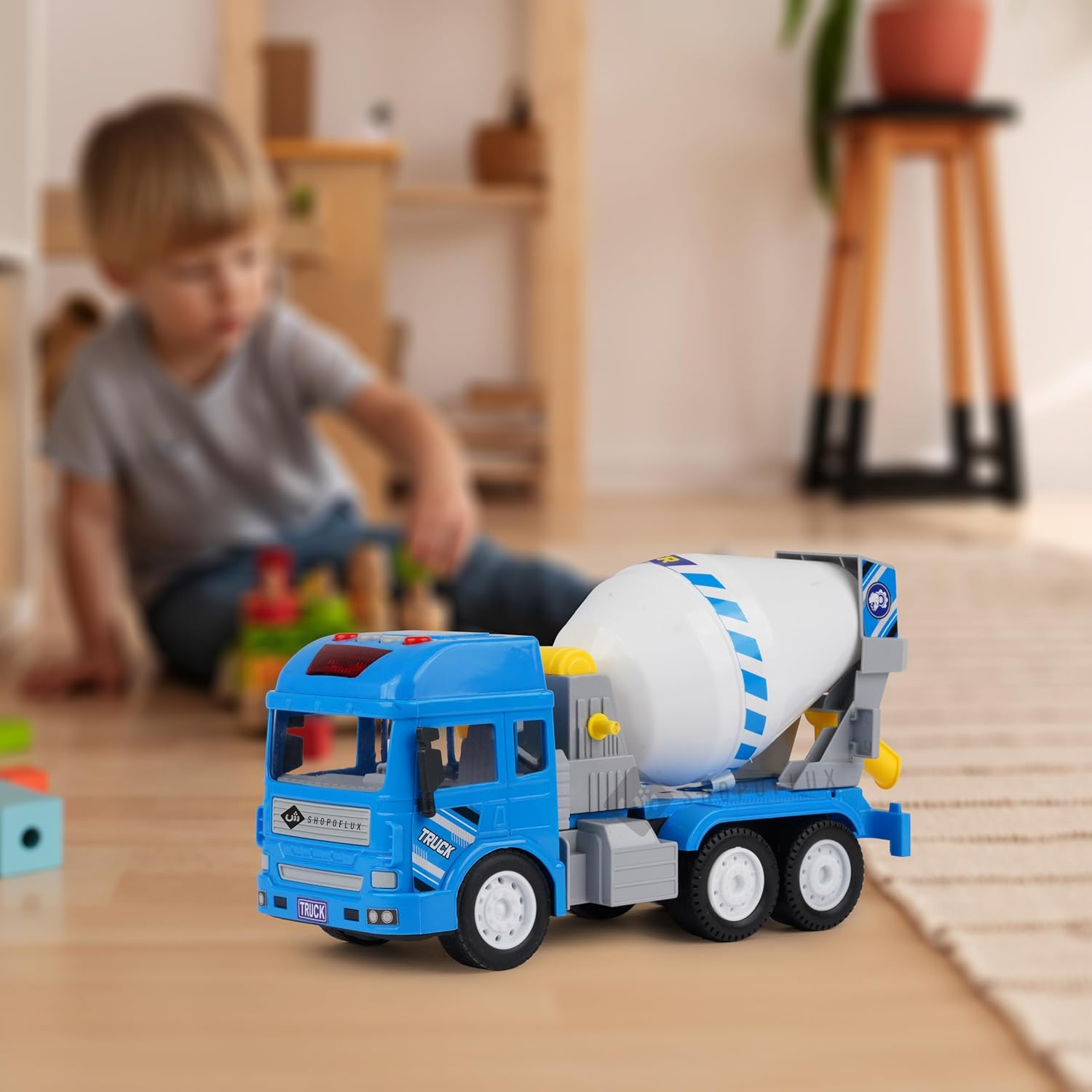 Construction Cement Mixer Truck Toy with Light & Sound, Friction Powered Push and Go Truck Toys for Kids, Boys and Girls Aged 3+ Year (Cement Mixer)