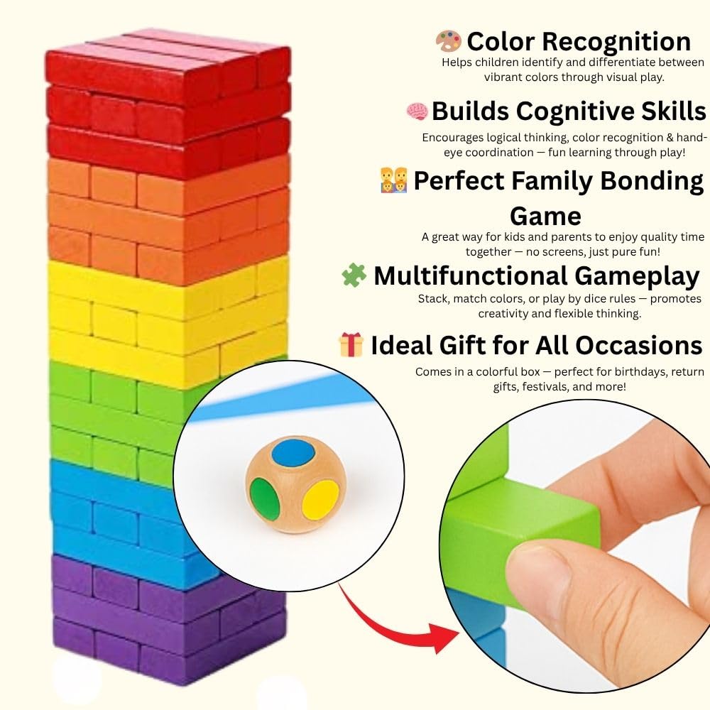 Toy Imagine Colourful Wooden Blocks for Boys 7-14 Years – Indoor Balancing & Building Game, Montessori Wooden Toys, Kids Activity Tower Block for Cognitive Development